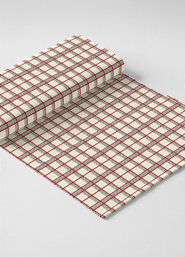Tecido Microfibra Estampa Digital  Xadrez Cinza Vermelho e Palha 1,55m de Largura