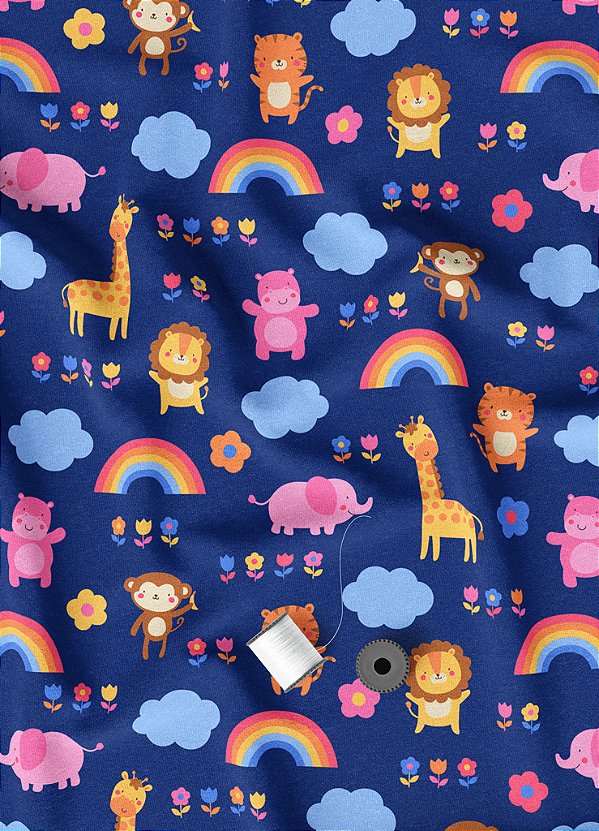 Tecido Microfibra Estampa Digital Bichinhos Arco-Írs Fundo Azul 1,55m de Largura