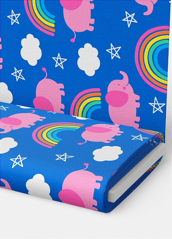 Tecido Microfibra Estampa Digital Elefante Arco-Íris Fundo Azul 1,55m de Largura