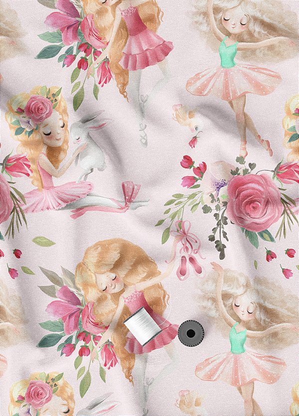 Tecido Microfibra Estampa Digital Bailarina e Coelhinho 1,55m de Largura