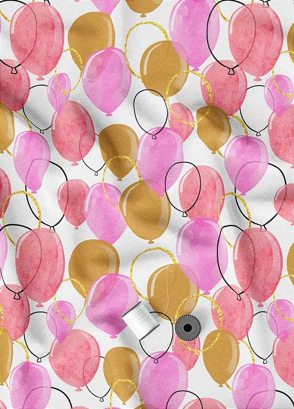 Tecido Microfibra Estampa Digital Balões Rosa, Vermelho e Amarelo 1,55m de Largura