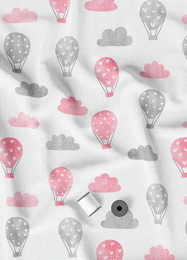 Tecido Microfibra Estampa Digital Balões Vermelho e Cinza 1,55m de Largura