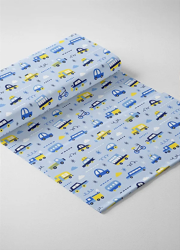 Tecido Microfibra Estampa Digital Carrinhos Fundo Azul Bebê 1,55m de Largura