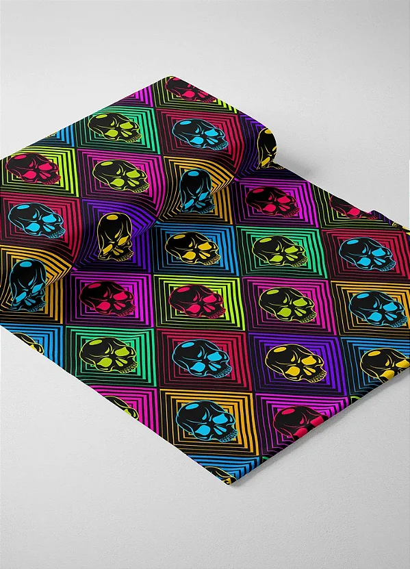 Tecido Microfibra Estampa Digital Caveira Neon Colorida 1,55m de Largura