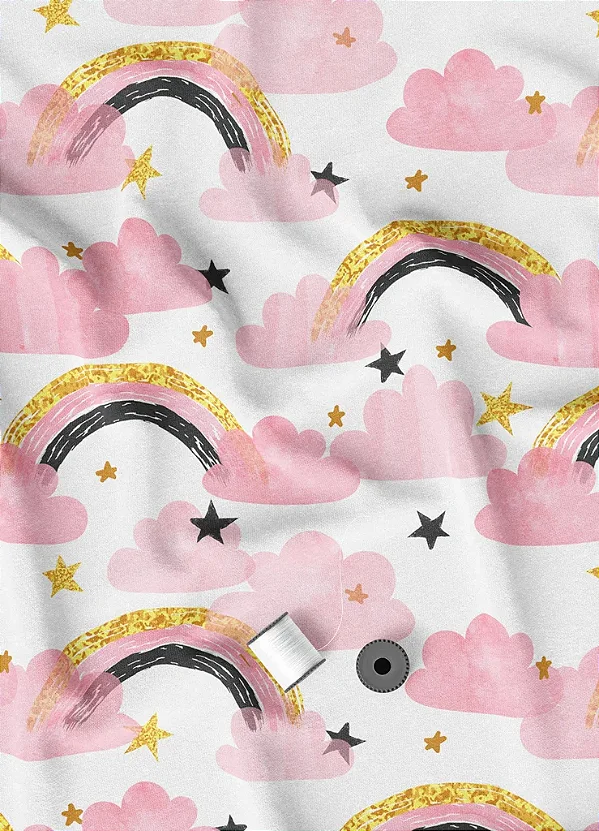 Tecido Microfibra Estampa Digital Arco Iris Dourado e Nuvem Rosa 1,55m de Largura