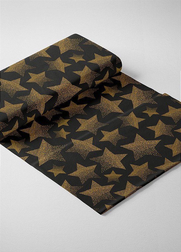 Tecido Microfibra Estampa Digital Estrela Dourada Fundo Preto 1,55m de Largura