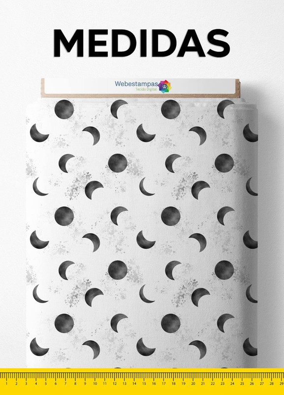 Tecido Microfibra Estampa Digital Fases Da Lua Fundo Branco 1,55m de Largura