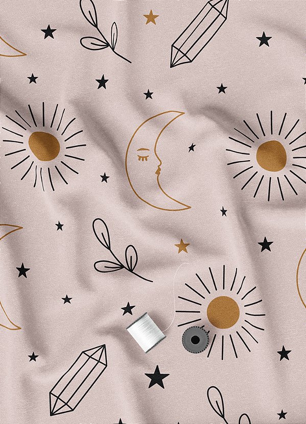 Tecido Microfibra Estampa Digital Lua e Sol Dourado e Preto 1,55m de Largura