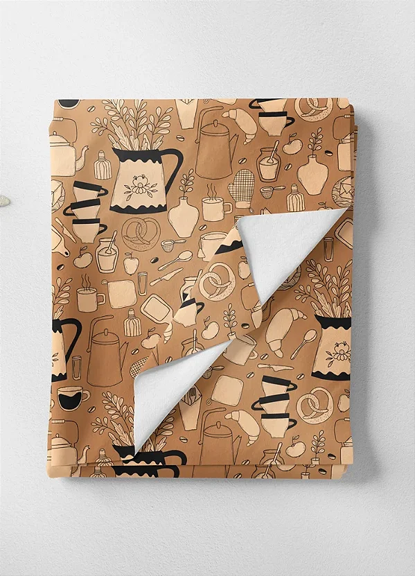 Tecido Microfibra Estampa Digital Café e Frutas Preto e Palha 1,55m de Largura