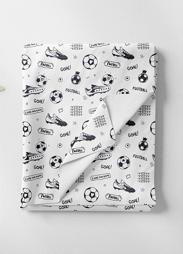 Tecido Microfibra Estampa Digital Futebol Preto Fundo Branco 1,55m de Largura
