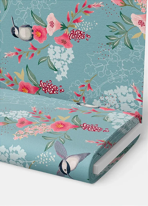 Tecido Microfibra Estampa Digital Beija Flor Fundo Azul 1,55m de Largura