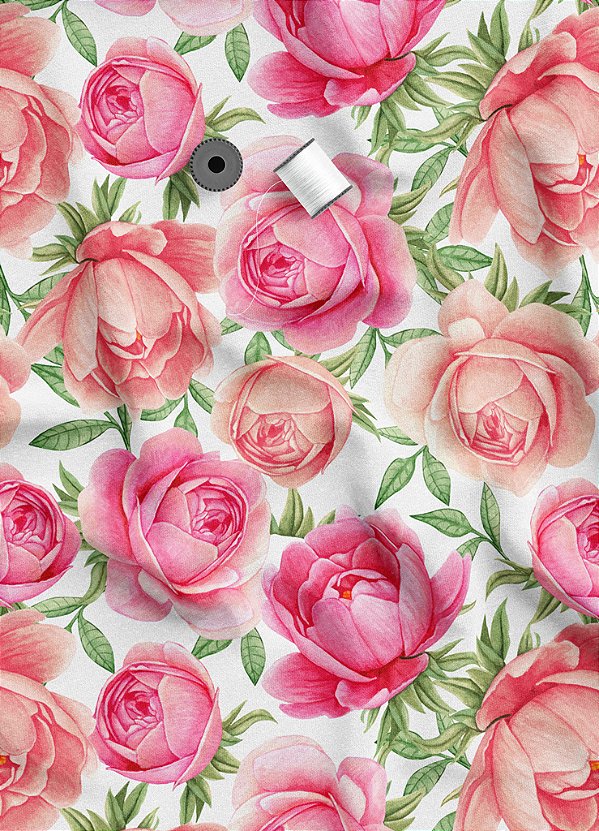 Tecido Microfibra Estampa Digital Rosas Rosa e Rose Fundo Branco 1,55m de Largura