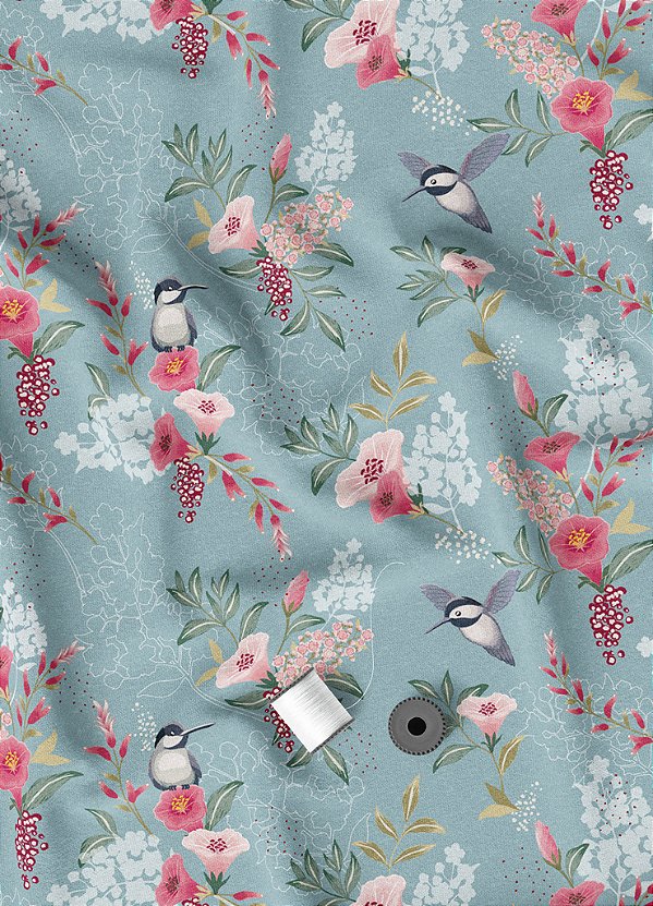 Tecido Microfibra Estampa Digital Flores e Beija Flor Fundo Azul 1,55m de Largura