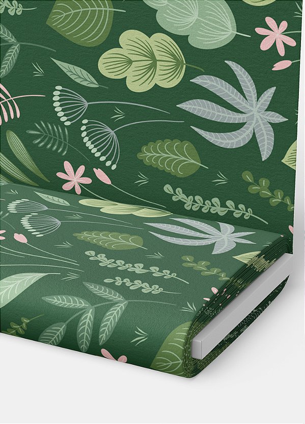 Tecido Microfibra Estampa Digital Folhas Fundo Verde Escuro 1,55m de Largura