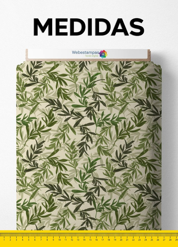 Tecido Microfibra Estampa Digital Folhas Verdes Fundo Palha 1,55m de Largura