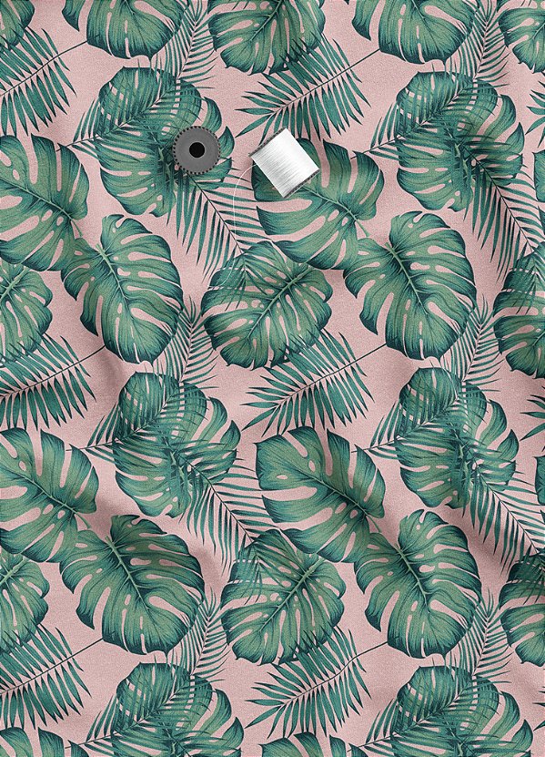 Tecido Microfibra Estampa Digital Folhas Verdes Fundo Rosa 1,55m de Largura