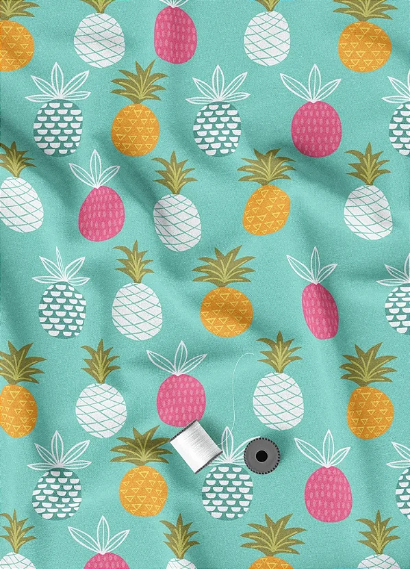 Tecido Microfibra Estampa Digital Abacaxis Coloridos Fundo Verde 1,55m de Largura