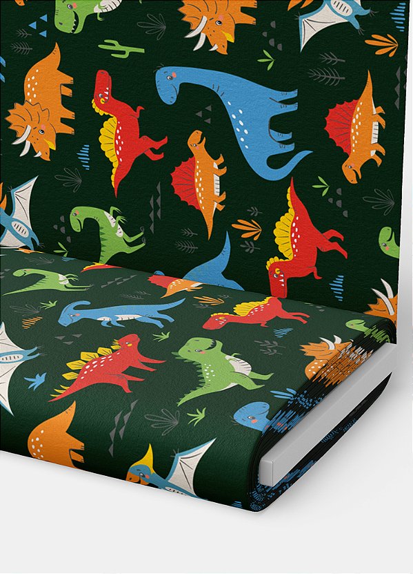 Tecido Microfibra Estampa Digital Dinossauros Coloridos Fundo Verde 1,55m de Largura