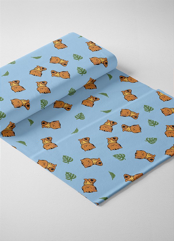 Tecido Microfibra Estampa Digital Gatinho Fundo Azul 1,55m de Largura