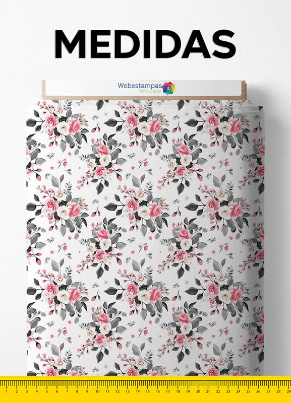 Tecido Tricoline Estampa Digital  Rosas Fundo Branco 1,50m de Largura