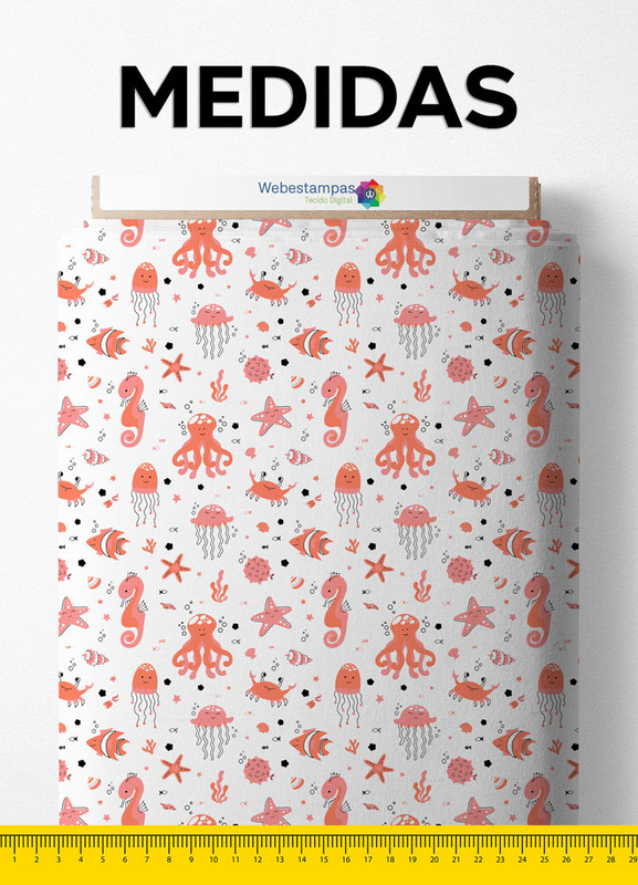 Tecido Tricoline Estampa Digital  Fundo Do Mar Laranja e Branco 1,50m de Largura