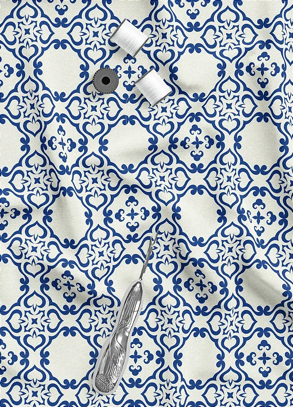 Tecido Tricoline Estampa Digital Arabesco Azul Braga 1,50m de Largura