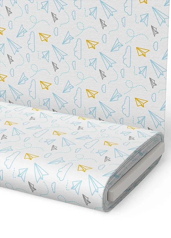 Tecido Tricoline Estampa Digital Avião de Papel e Nuvem Azul 1,50m de Largura