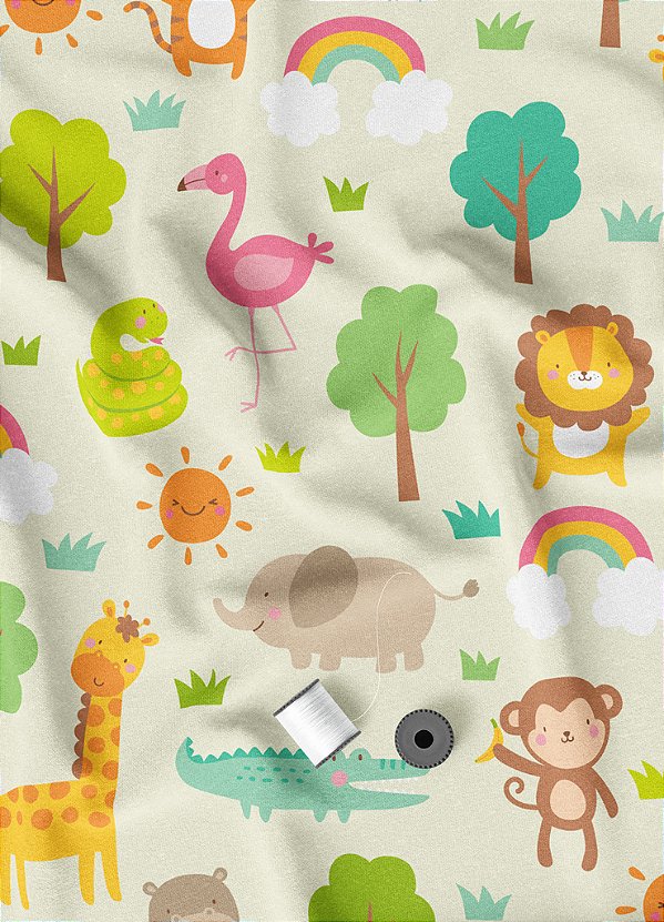 Tecido Tricoline Estampa Digital Bichos da Floresta 1,50m de Largura