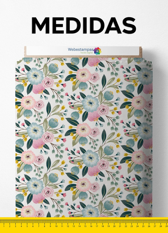 Tecido Tricoline Estampa Digital Floral Azul Rosa e Amarelo 1,50m de Largura