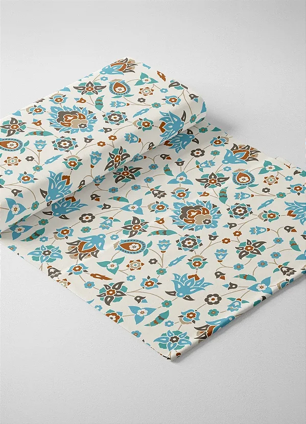 Tecido Tricoline Estampa Digital Arabesco Floral Azul Com Bege 1,50m de Largura