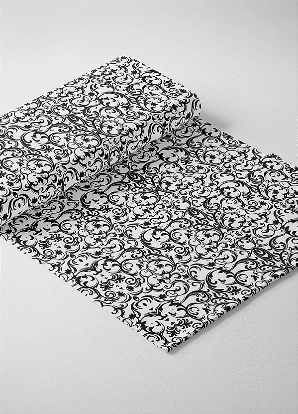 Tecido Tricoline Estampa Digital Arabesco Floral Preto 1,50m de Largura
