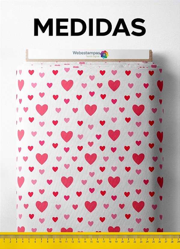 Tecido Tricoline Estampa Digital Corações Pink e Rosa Fundo Branco 1,50m de Largura