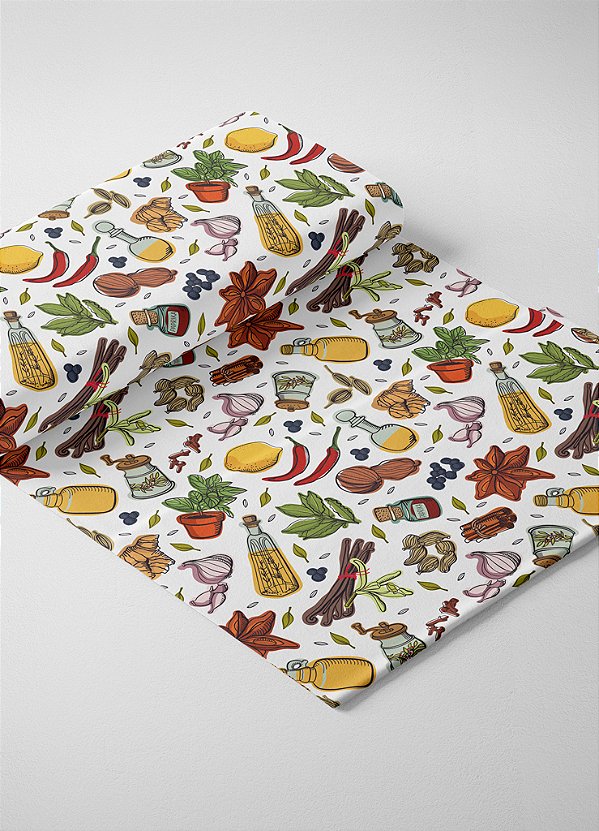 Tecido Tricoline Estampa Digital Azeite e Temperos Fundo Branco 1,50m de Largura