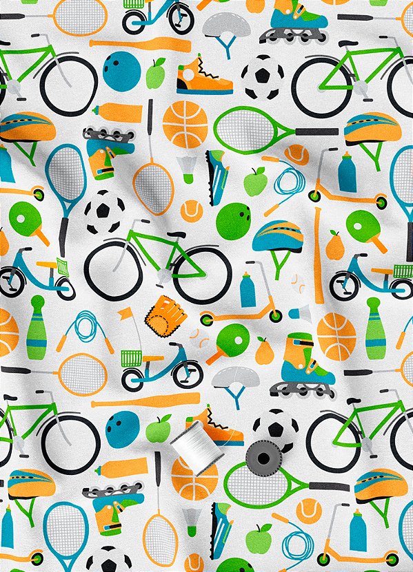 Tecido Tricoline Estampa Digital Biciletas e Esportes Colorido 1,50m de Largura