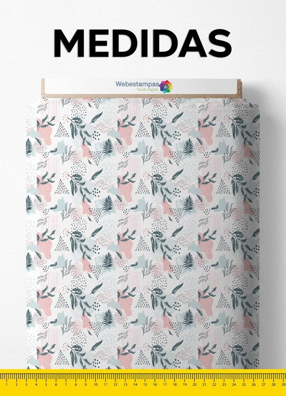 Tecido Tricoline Estampa Digital Folhas, Linhas e Pontilhados 1,50m de Largura