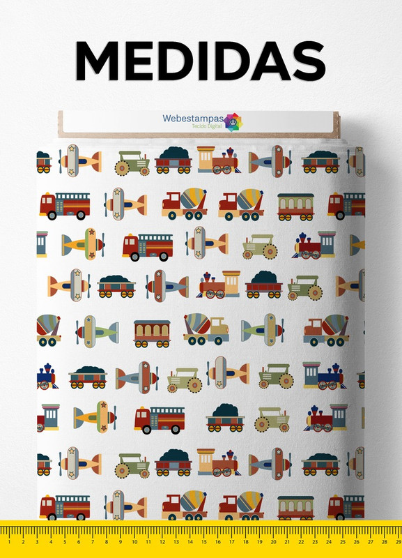 Tecido Tricoline Misto Estampa Digital Veículos de Brinquedo 1,50m de Largura