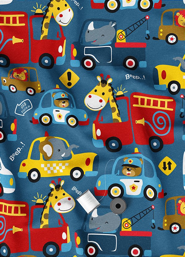 Tecido Oxford Estampa Digital Bichinhos e Carros 1,55m de Largura