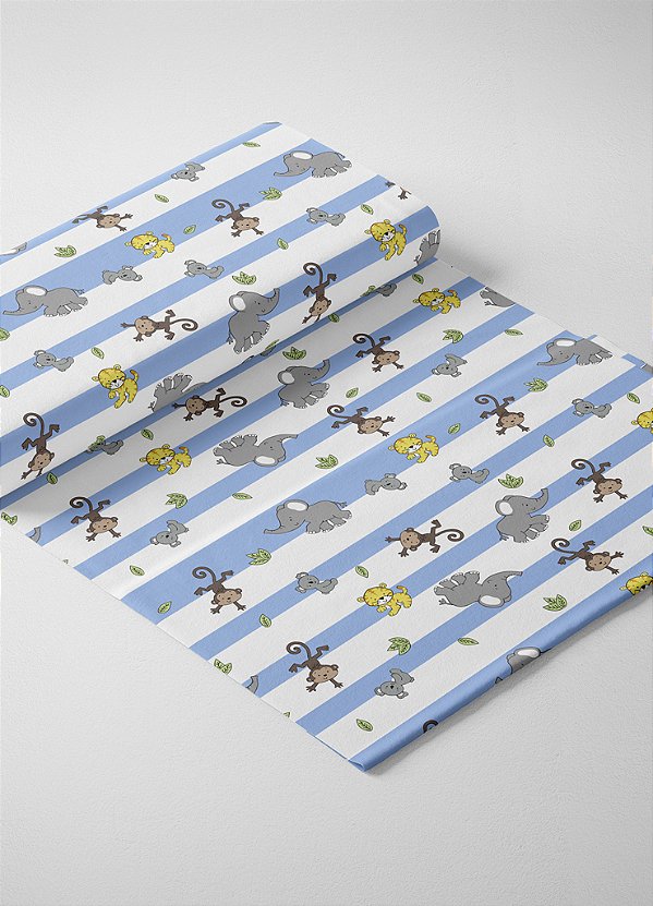 Tecido Oxford Estampa Digital Bichinhos e Listras Azuis 1,55m de Largura