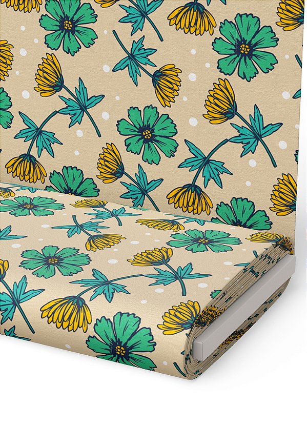 Tecido Oxford Estampa Digital  Flores Amarelas e Verdes 1,55m de Largura