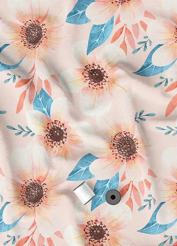 Tecido Oxford Estampa Digital  Margaridas Rosa e Azul 1,55m de Largura