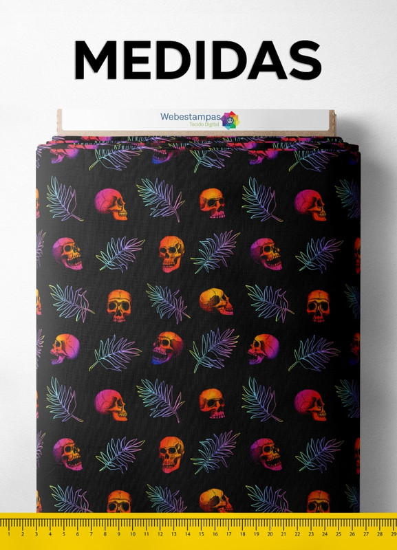 Tecido Oxford Estampa Digital Caveira com Folhas Neon 1,55m de Largura