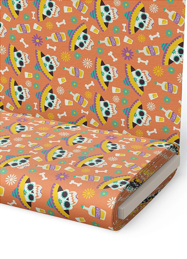 Tecido Oxford Estampa Digital Caveira Mexicana Fundo Laranja 1,55m de Largura
