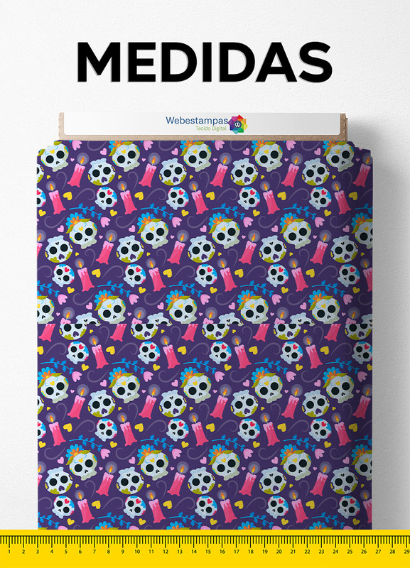 Tecido Oxford Estampa Digital Caveira Mexicana Fundo Roxo 1,55m de Largura