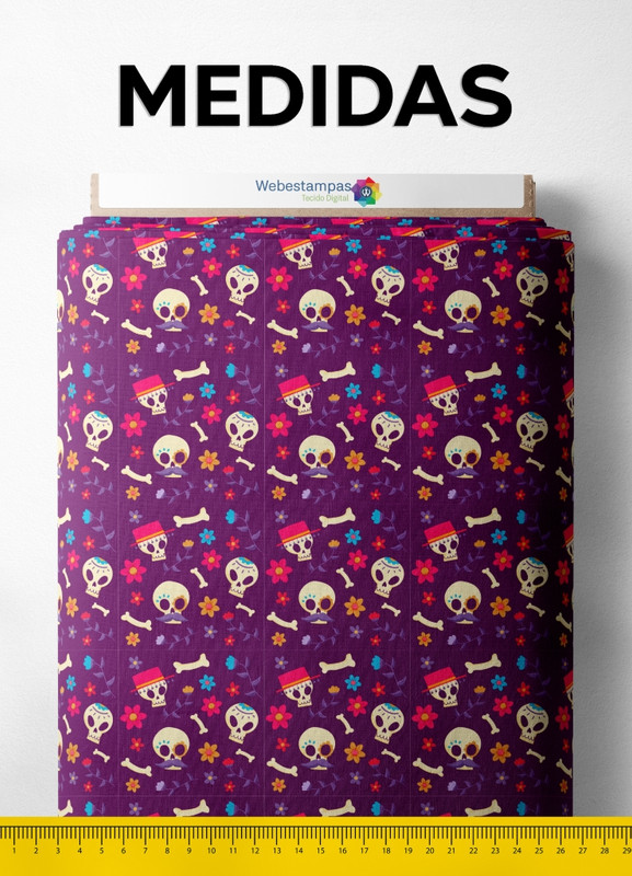 Tecido Oxford Estampa Digital Caveira Ossos e Flores 1,55m de Largura