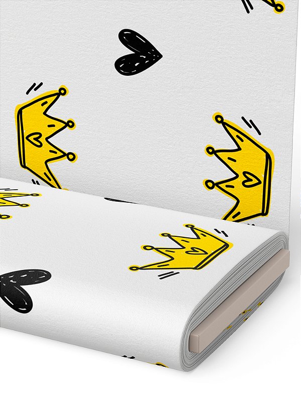 Tecido Oxford Estampa Digital  Coroa Amarela e Corações 1,55m de Largura