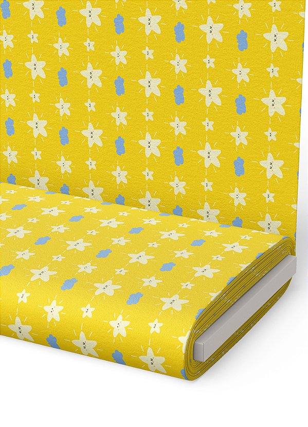 Tecido Oxford Estampa Digital Estrelinha Amarela e Nuvem 1,55m de Largura