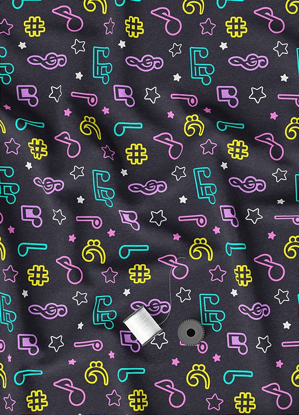 Tecido Oxford Estampa Digital Notas Musicais Neon 1,55m de Largura