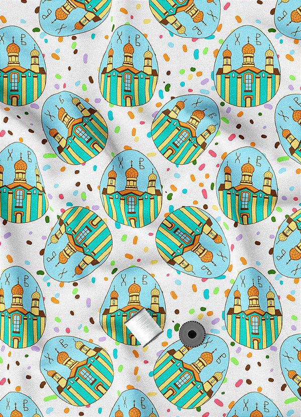 Tecido Oxford Estampa Digital Templos Branco e Azul 1,55m de Largura