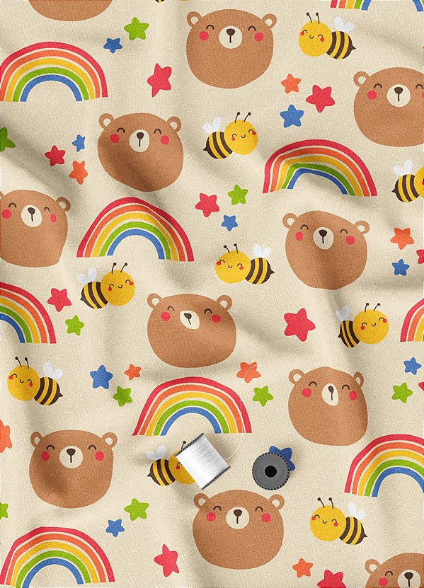 Tecido Oxford Estampa Digital Urso, Abelhinha e Arco-Íris 1,55m de Largura