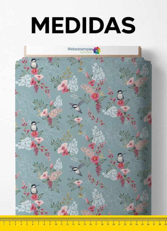 Tecido Oxford Estampa Digital Beija Flor Fundo Azul 1,55m de Largura